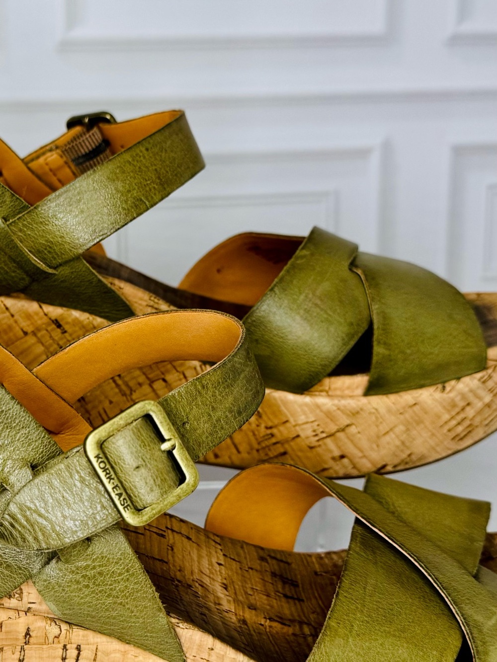 Kork-Ease Myrna Olive Green Leather Cork Wedge Sandals 10M - Picture 7 of 14